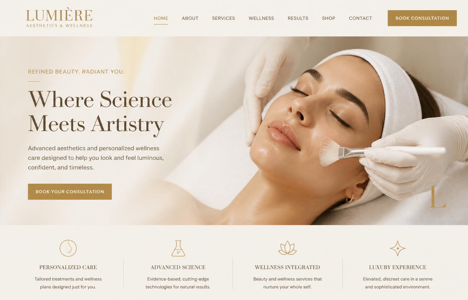 Lumière Aesthetics website homepage on desktop