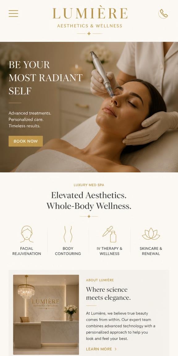 Lumière Aesthetics website on mobile